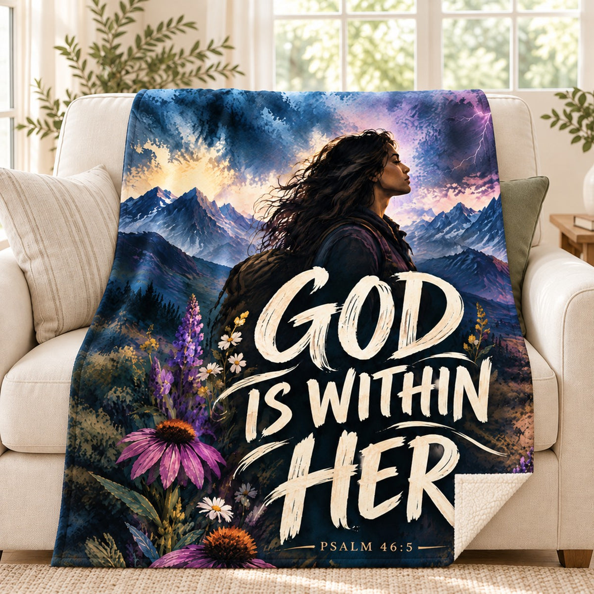 God Is Within Her blanket, on a sofa