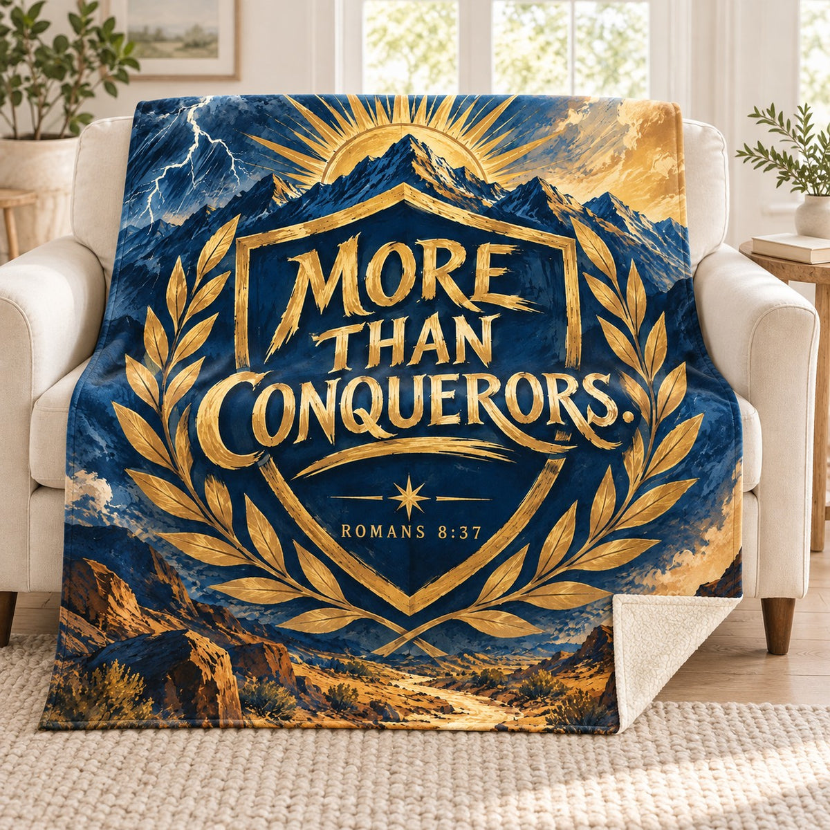 More Than Conquerors blanket, on a sofa