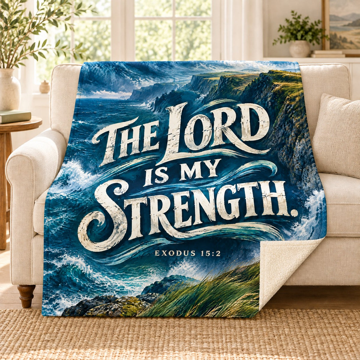The Lord Is My Strength blanket, on a sofa