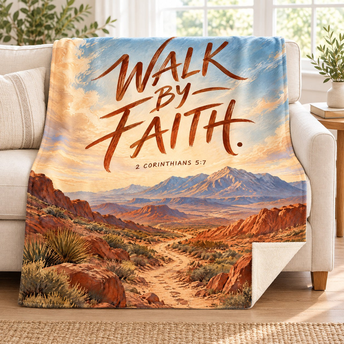 Walk by Faith blanket, on a sofa