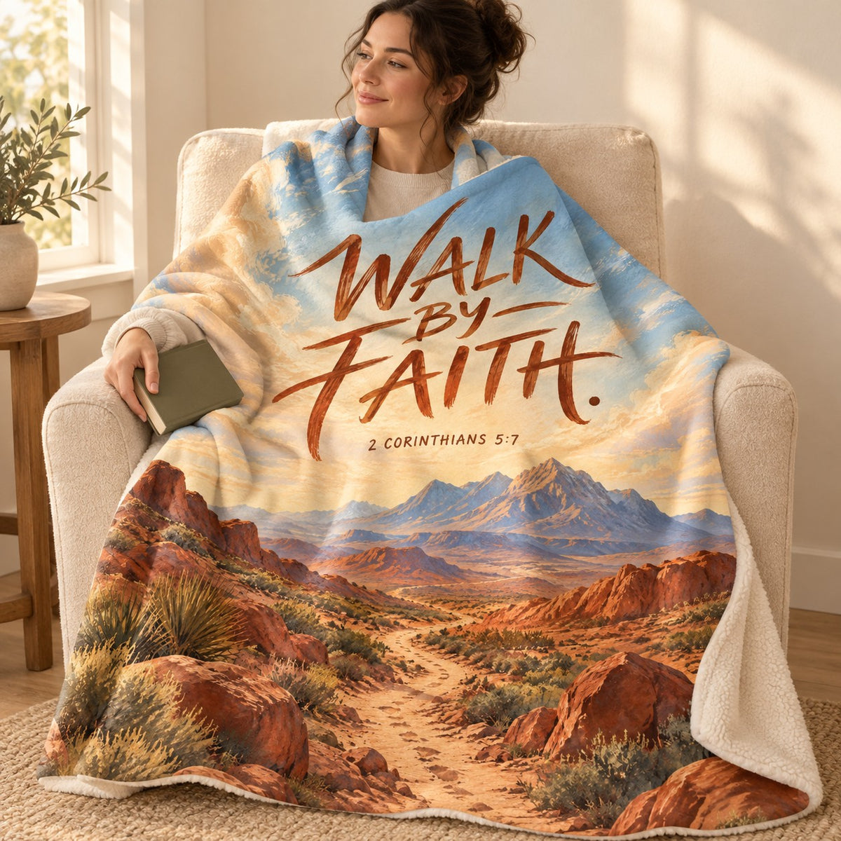 Walk by Faith blanket, wrapped around a reader