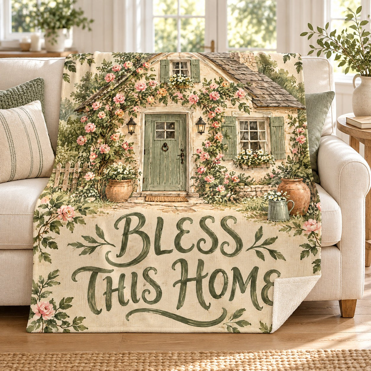 Bless This Home blanket, on a sofa