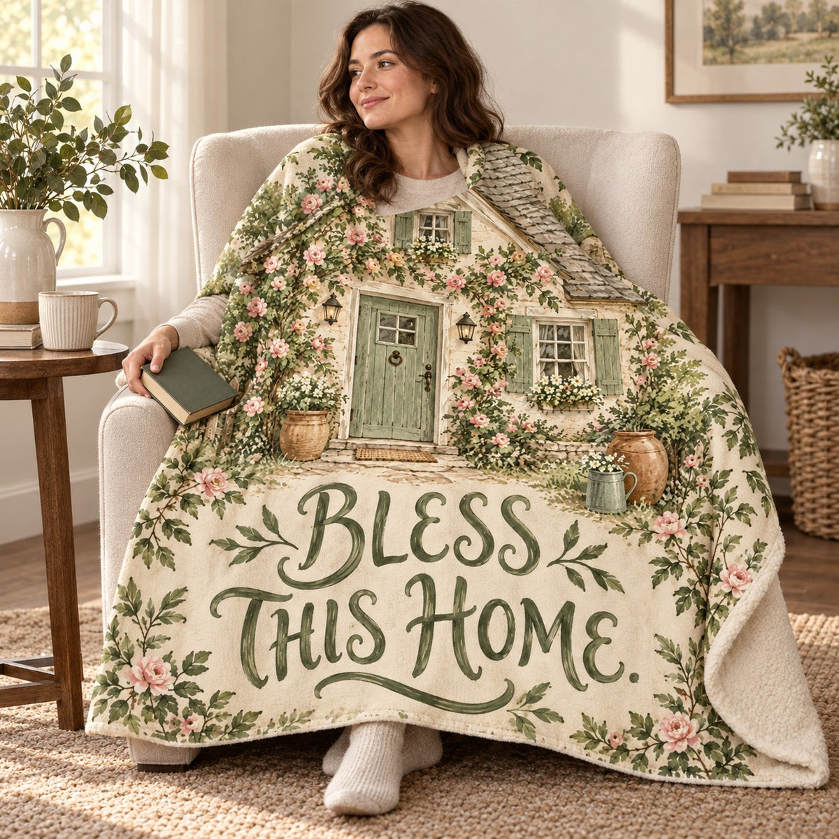 Bless This Home blanket, wrapped around a reader