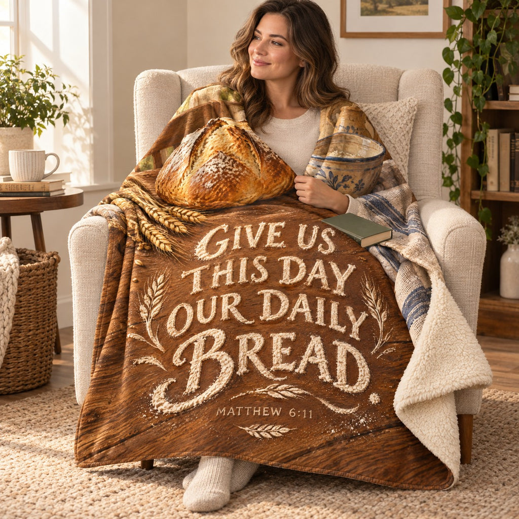 Daily Bread blanket, wrapped around a reader