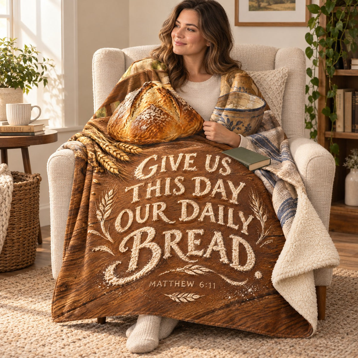 Daily Bread blanket, wrapped around a reader