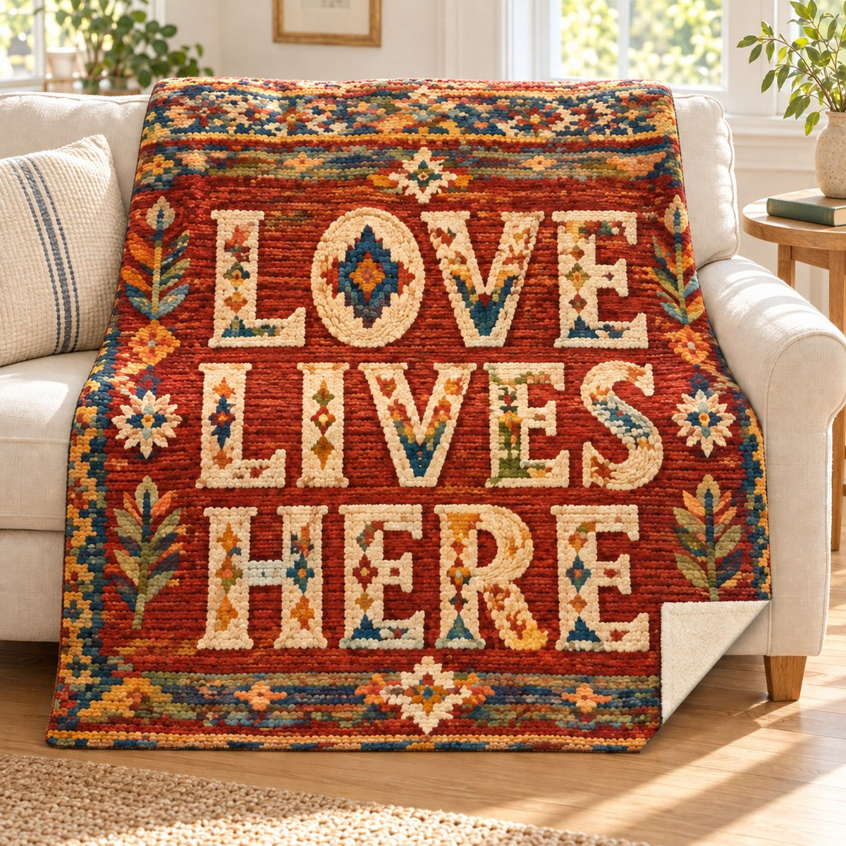 Love Lives Here blanket, on a sofa