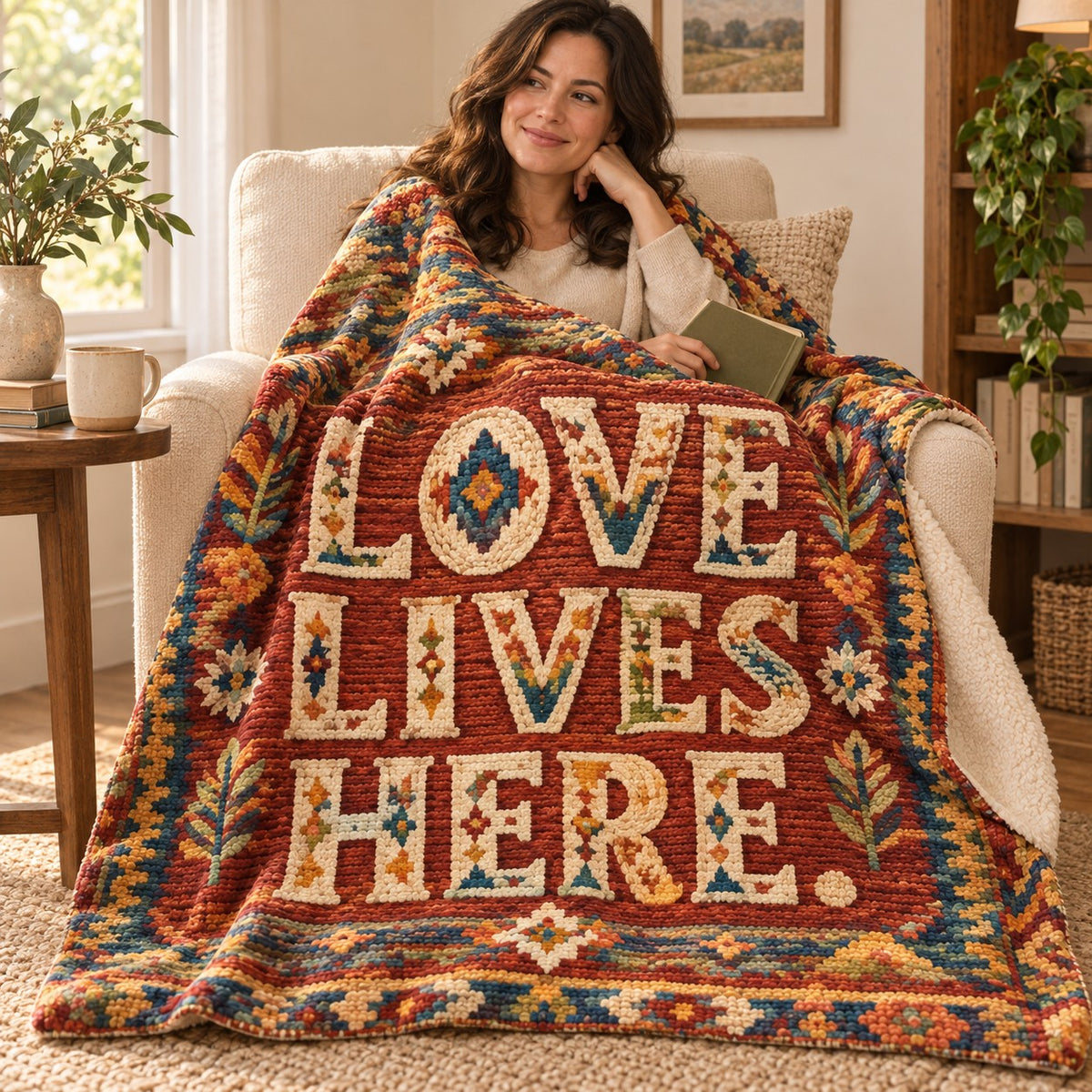 Love Lives Here blanket, wrapped around a reader