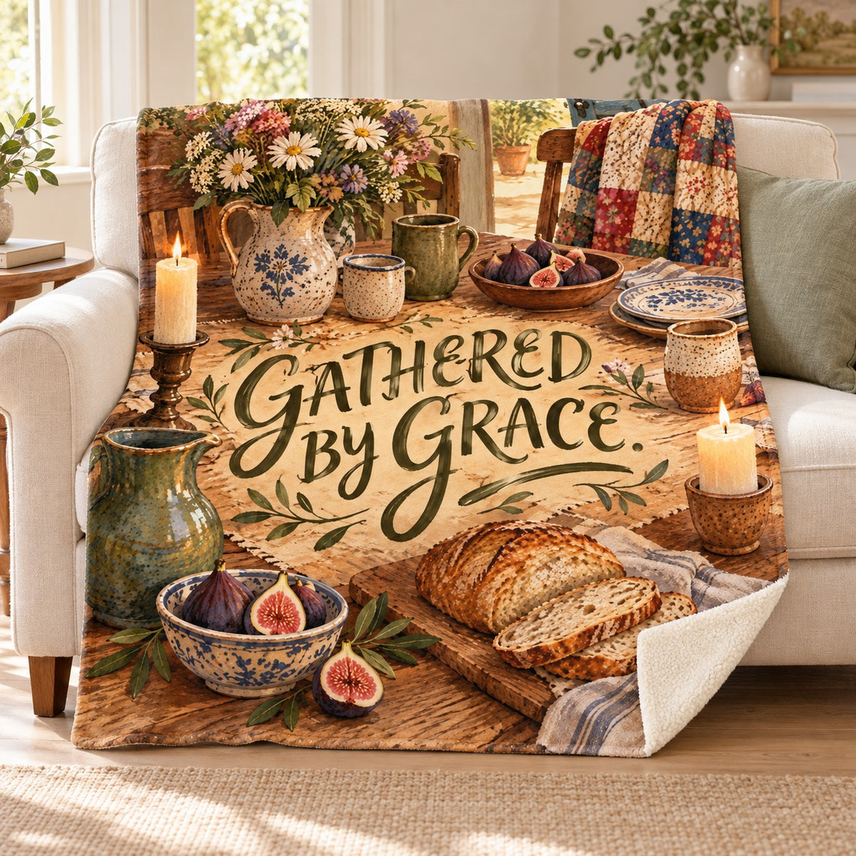 Gathered by Grace blanket, on a sofa