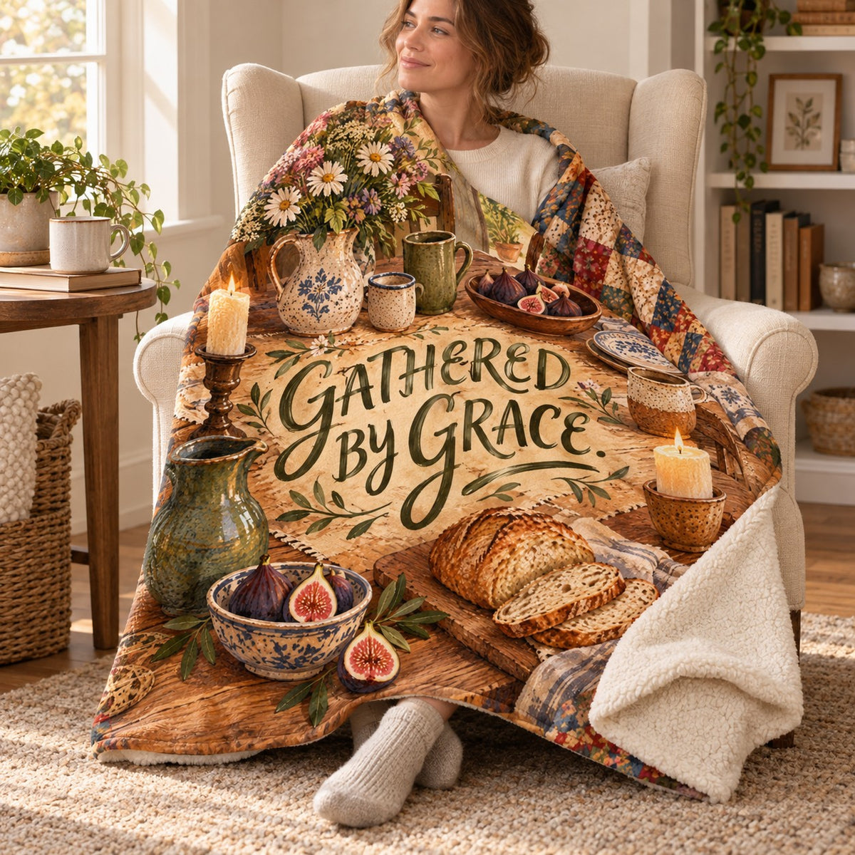 Gathered by Grace blanket, wrapped around a reader