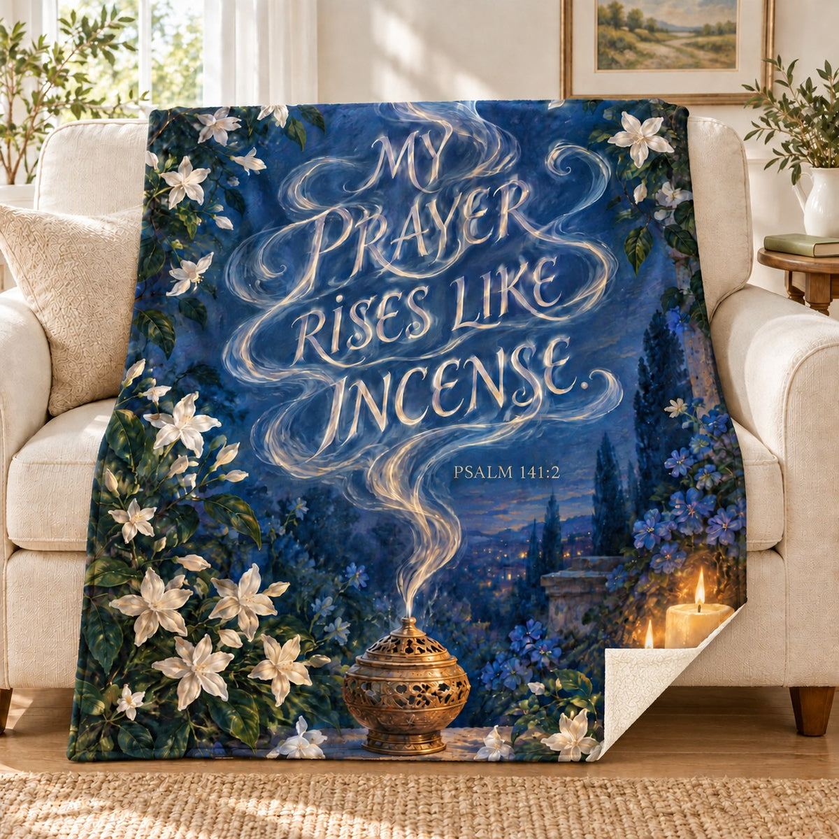 Prayer Like Incense blanket, on a sofa