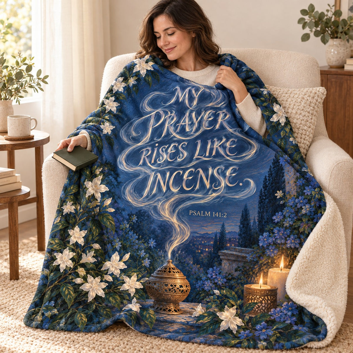 Prayer Like Incense blanket, wrapped around a reader