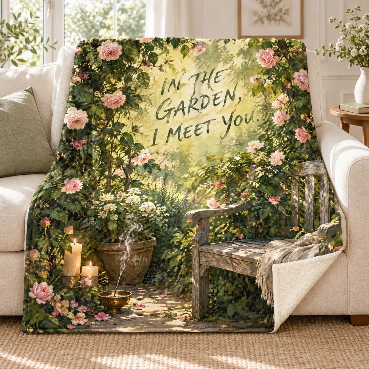 In the Garden blanket, on a sofa