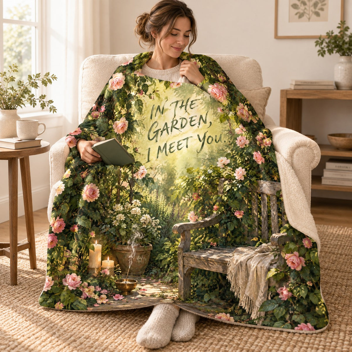 In the Garden blanket, wrapped around a reader