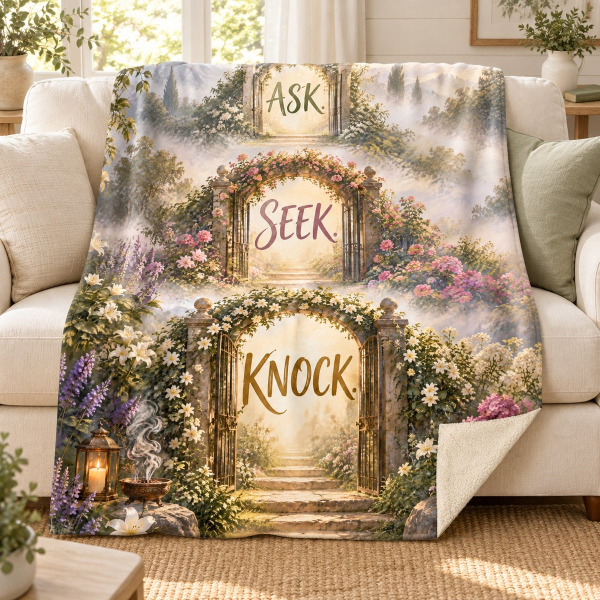 Ask Seek Knock blanket, on a sofa