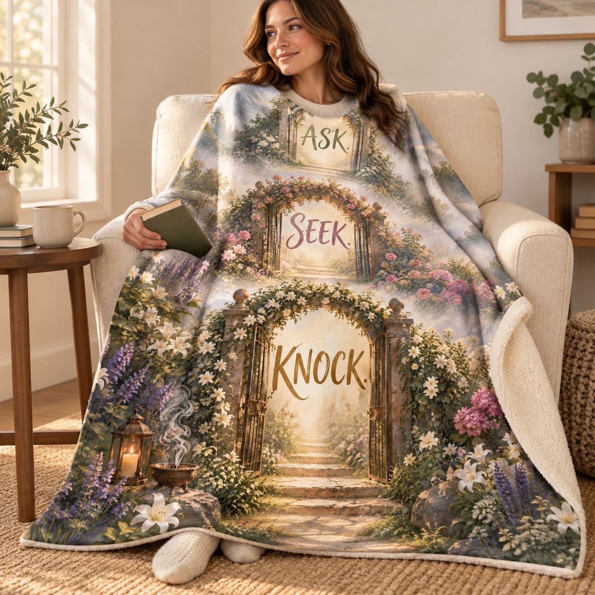 Ask Seek Knock blanket, wrapped around a reader