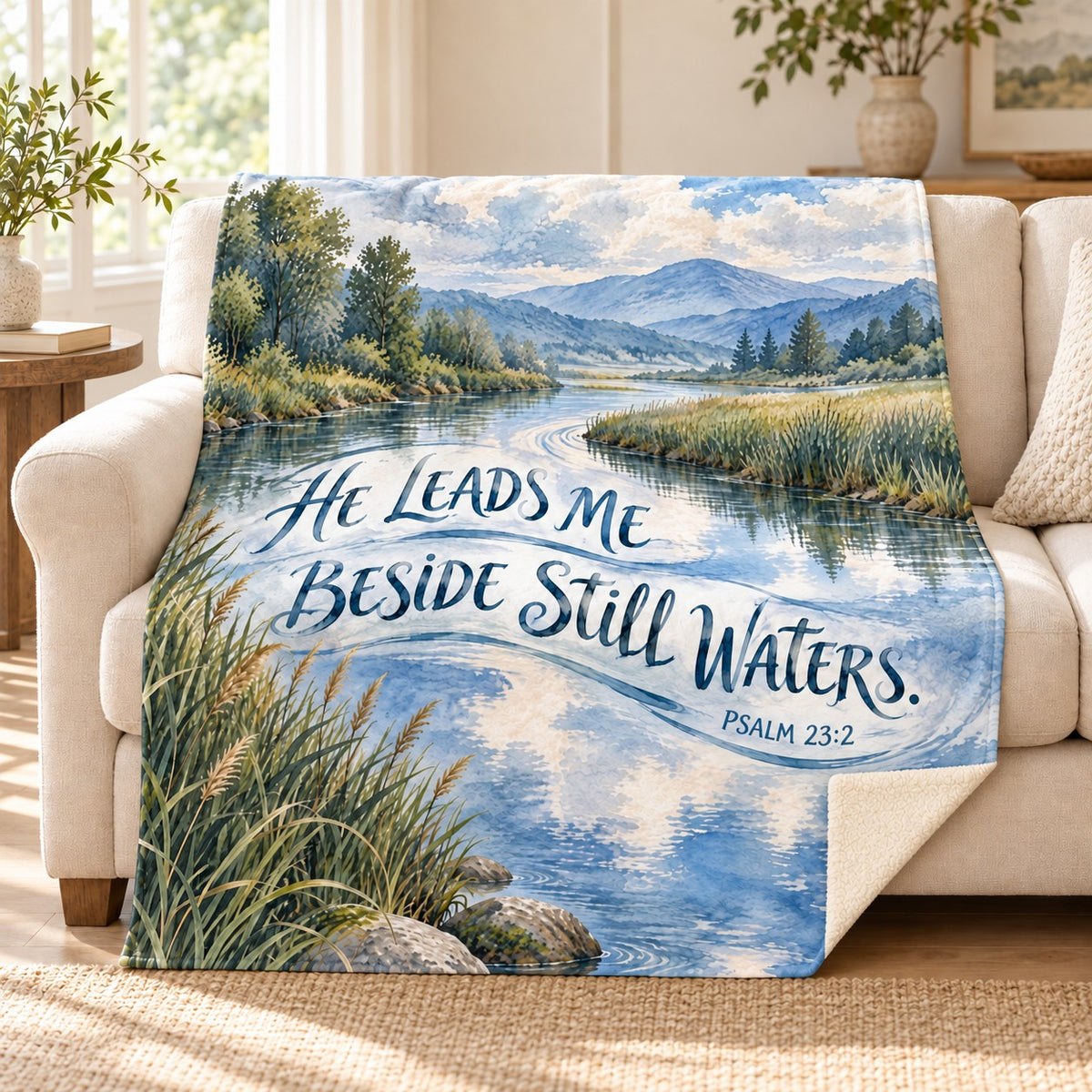 Beside Still Waters blanket, on a sofa