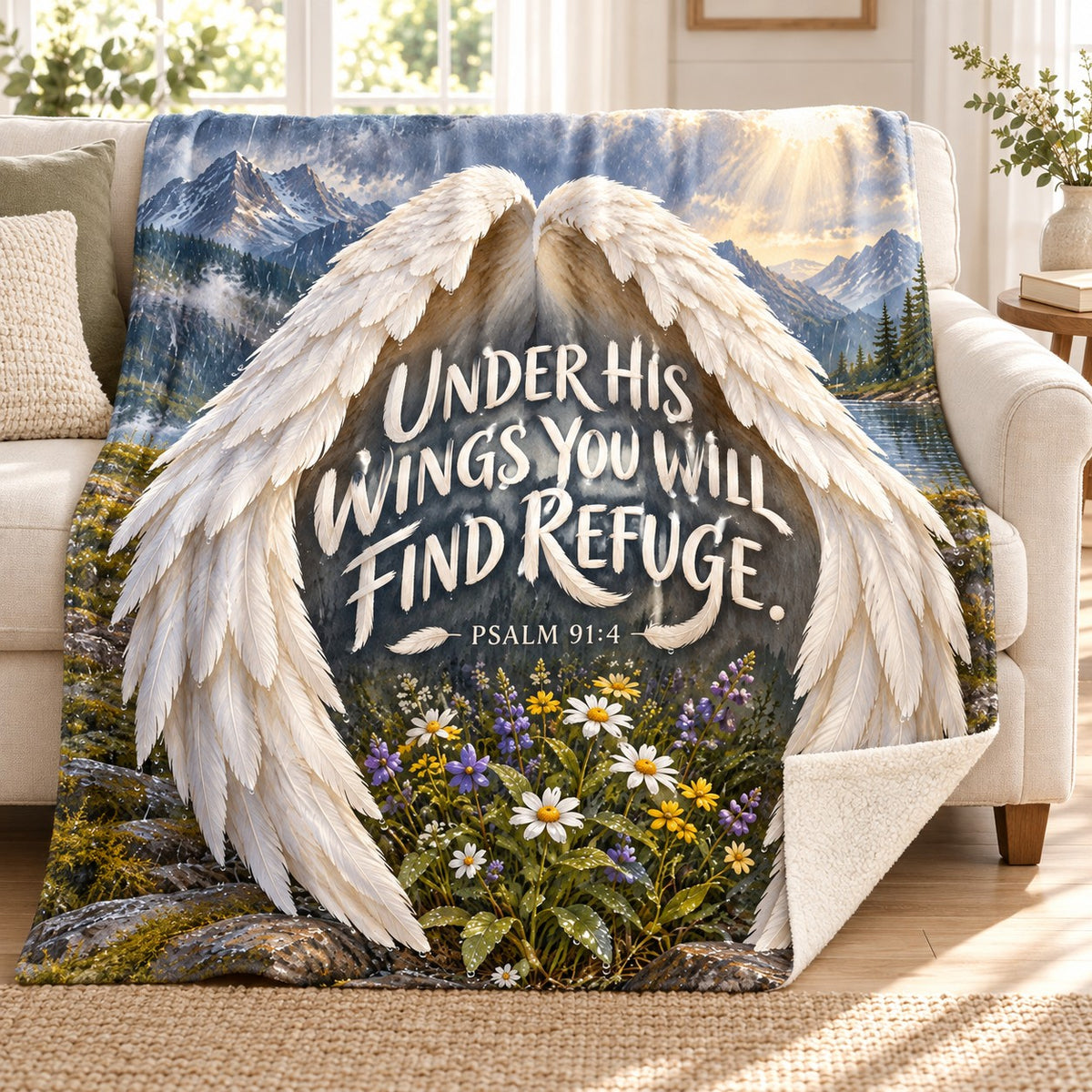 Under His Wings blanket, on a sofa