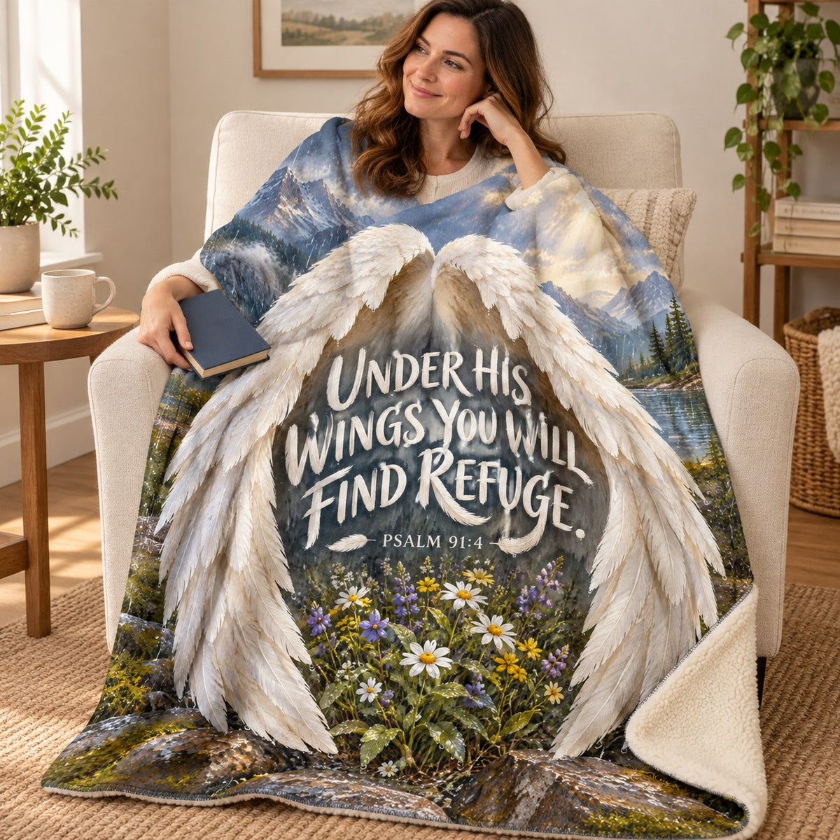 Under His Wings blanket, wrapped around a reader