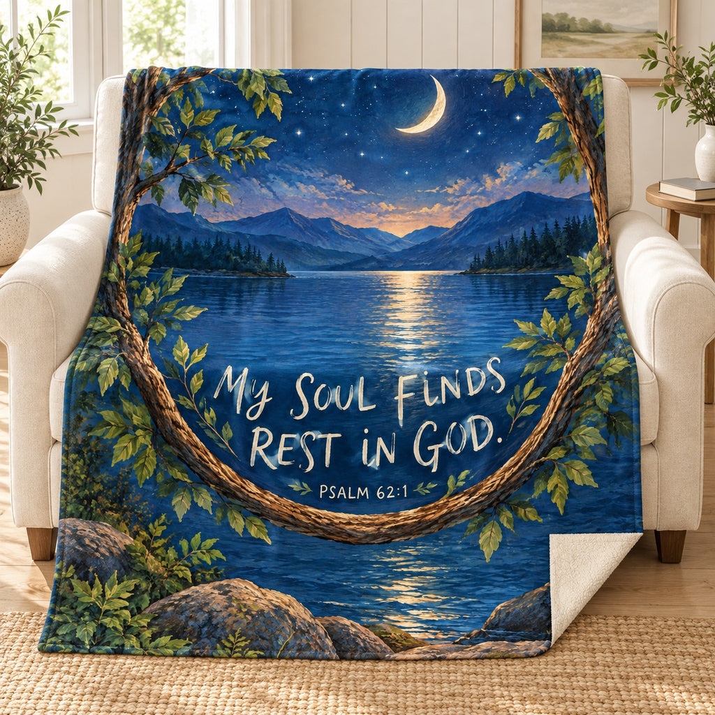 My Soul Finds Rest blanket, on a sofa
