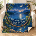 My Soul Finds Rest blanket, on a sofa