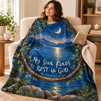 My Soul Finds Rest blanket, wrapped around a reader
