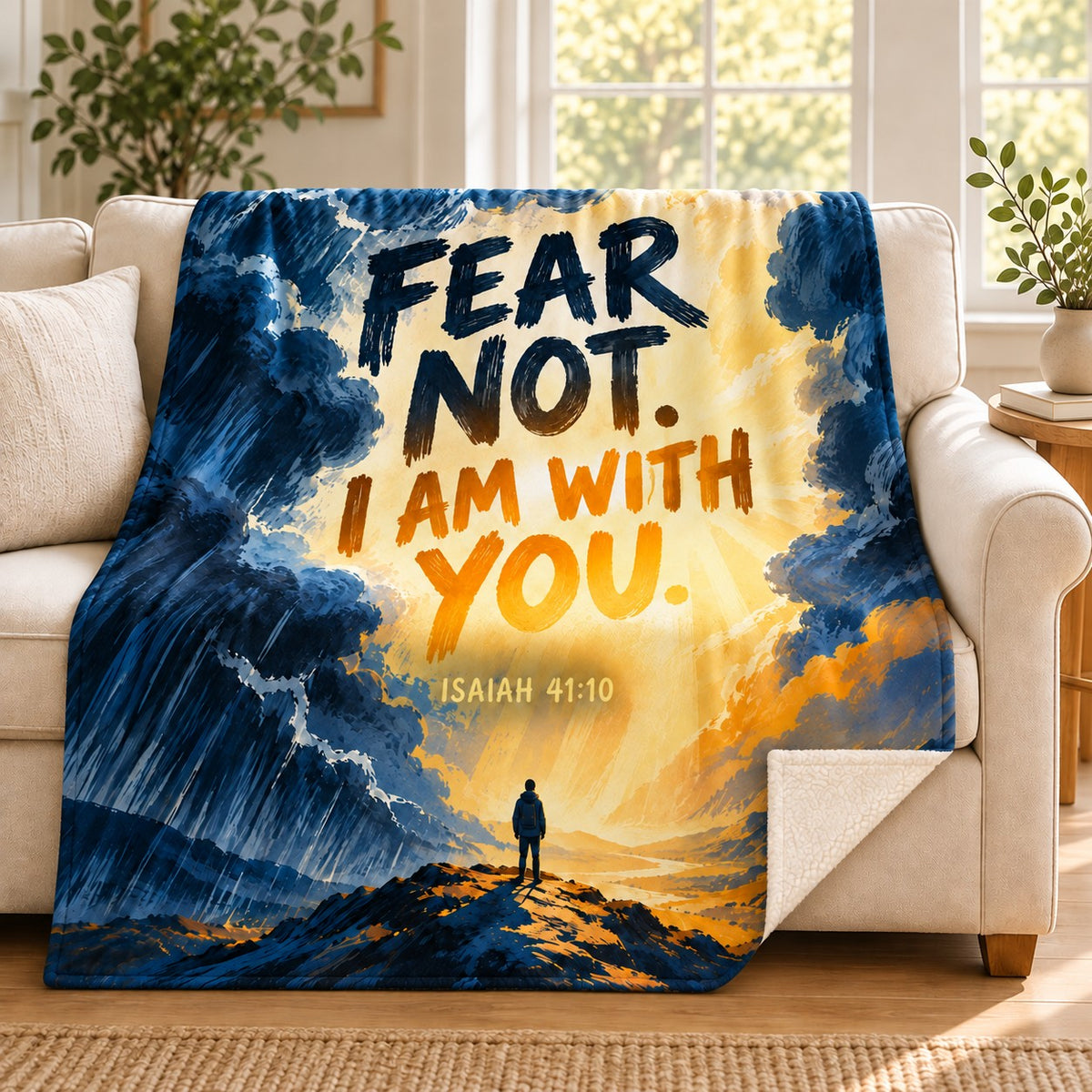 Fear Not blanket, on a sofa
