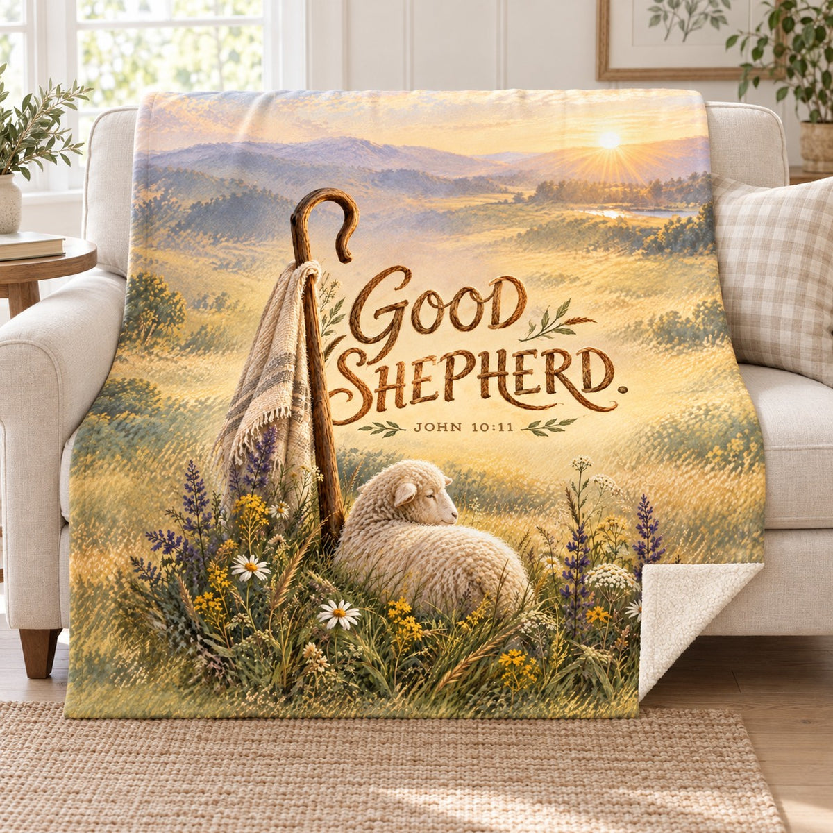 Good Shepherd blanket, on a sofa
