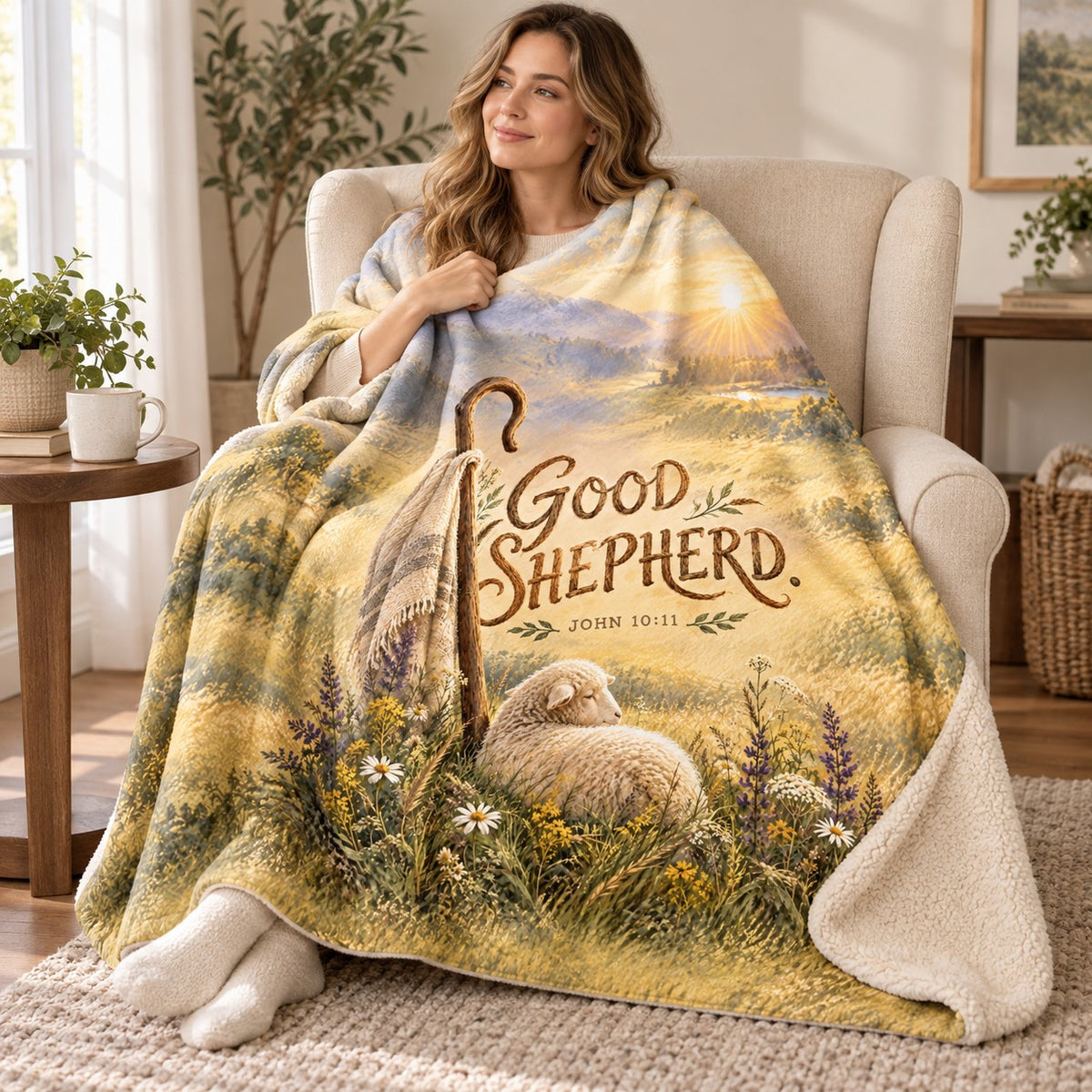 Good Shepherd blanket, wrapped around a reader