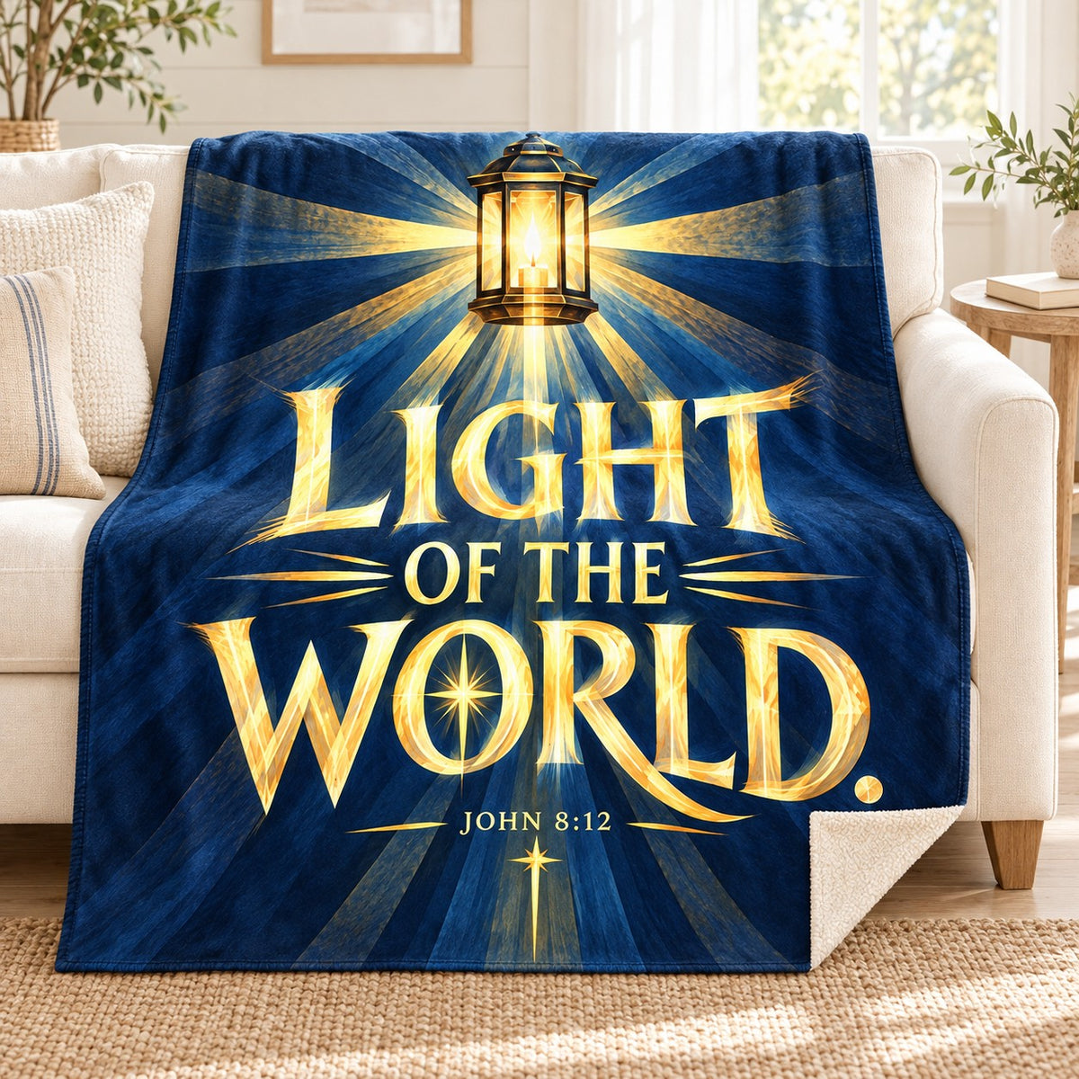 Light of the World blanket, on a sofa