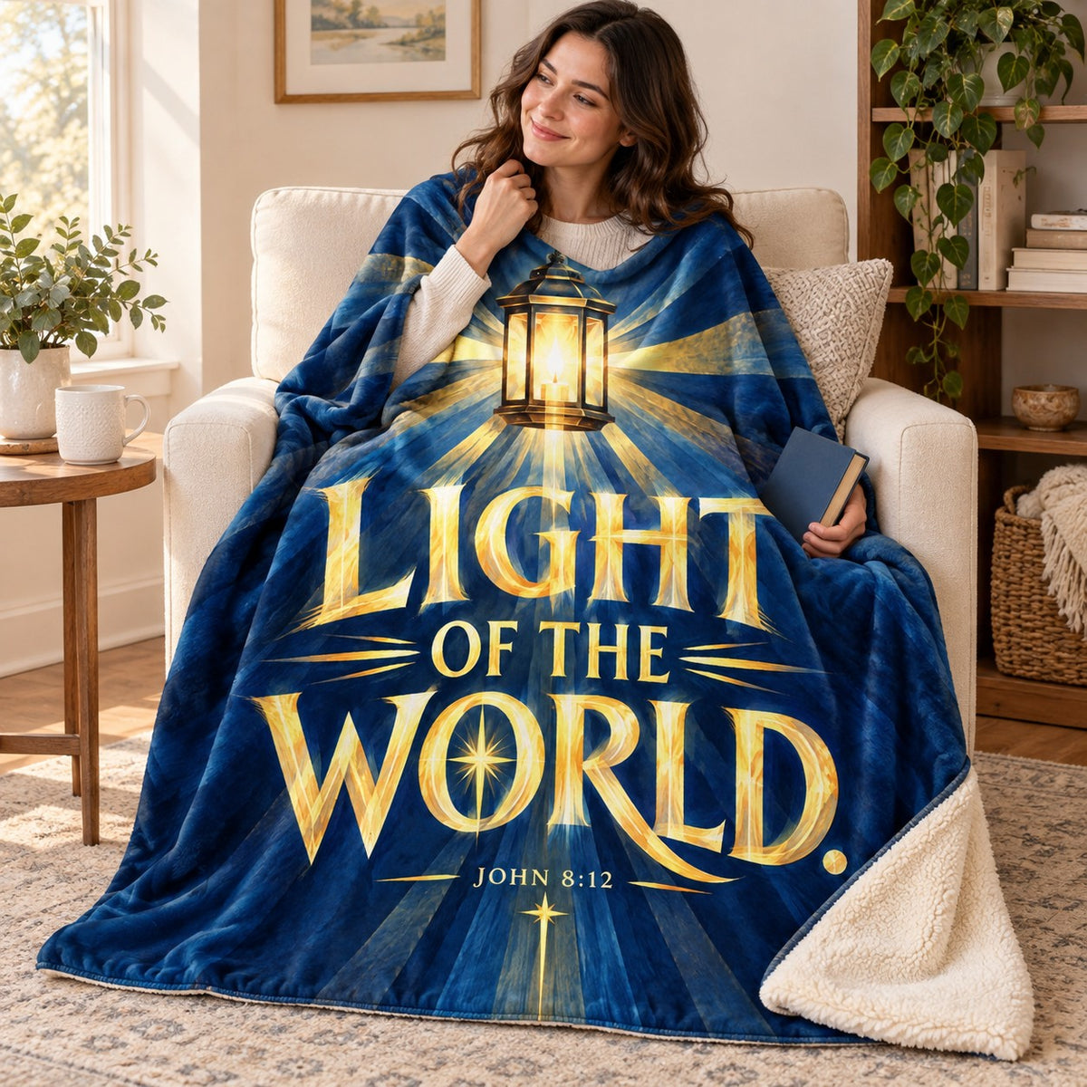 Light of the World blanket, wrapped around a reader
