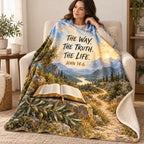 The Way Truth Life blanket, wrapped around a reader