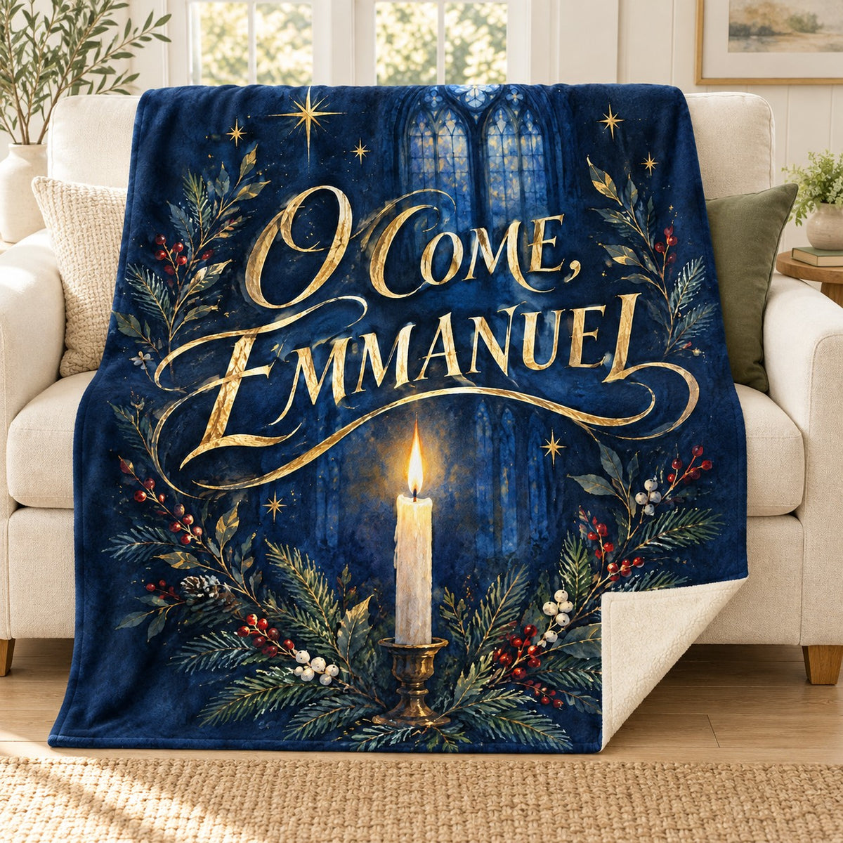 O Come, Emmanuel blanket, on a sofa