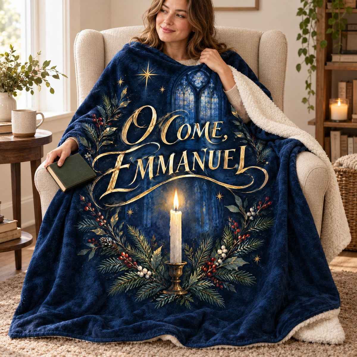 O Come, Emmanuel blanket, wrapped around a reader