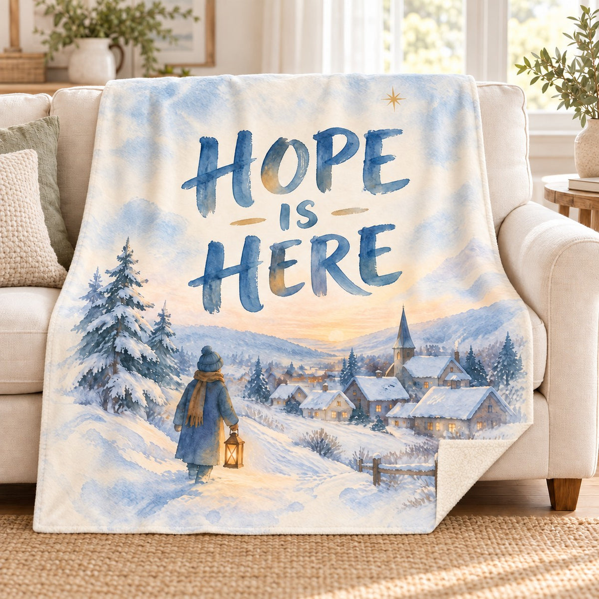 Hope Is Here blanket, on a sofa