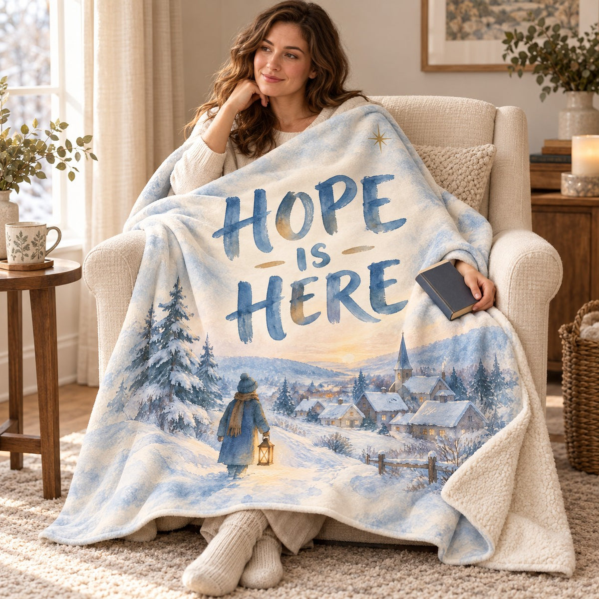 Hope Is Here blanket, wrapped around a reader