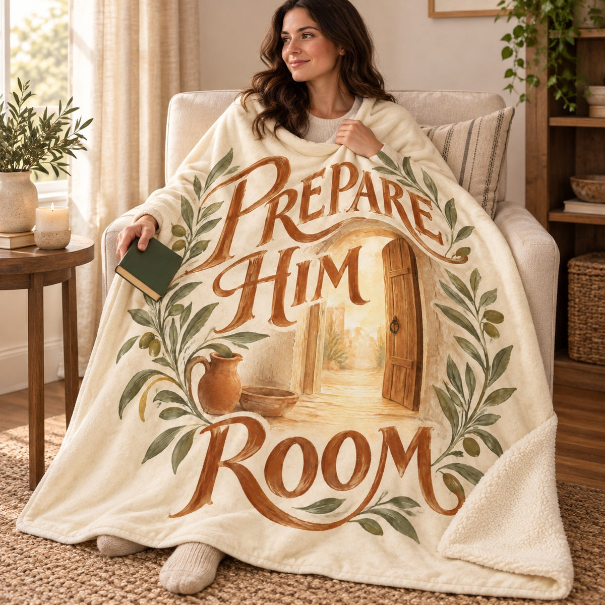 Prepare Him Room blanket, wrapped around a reader