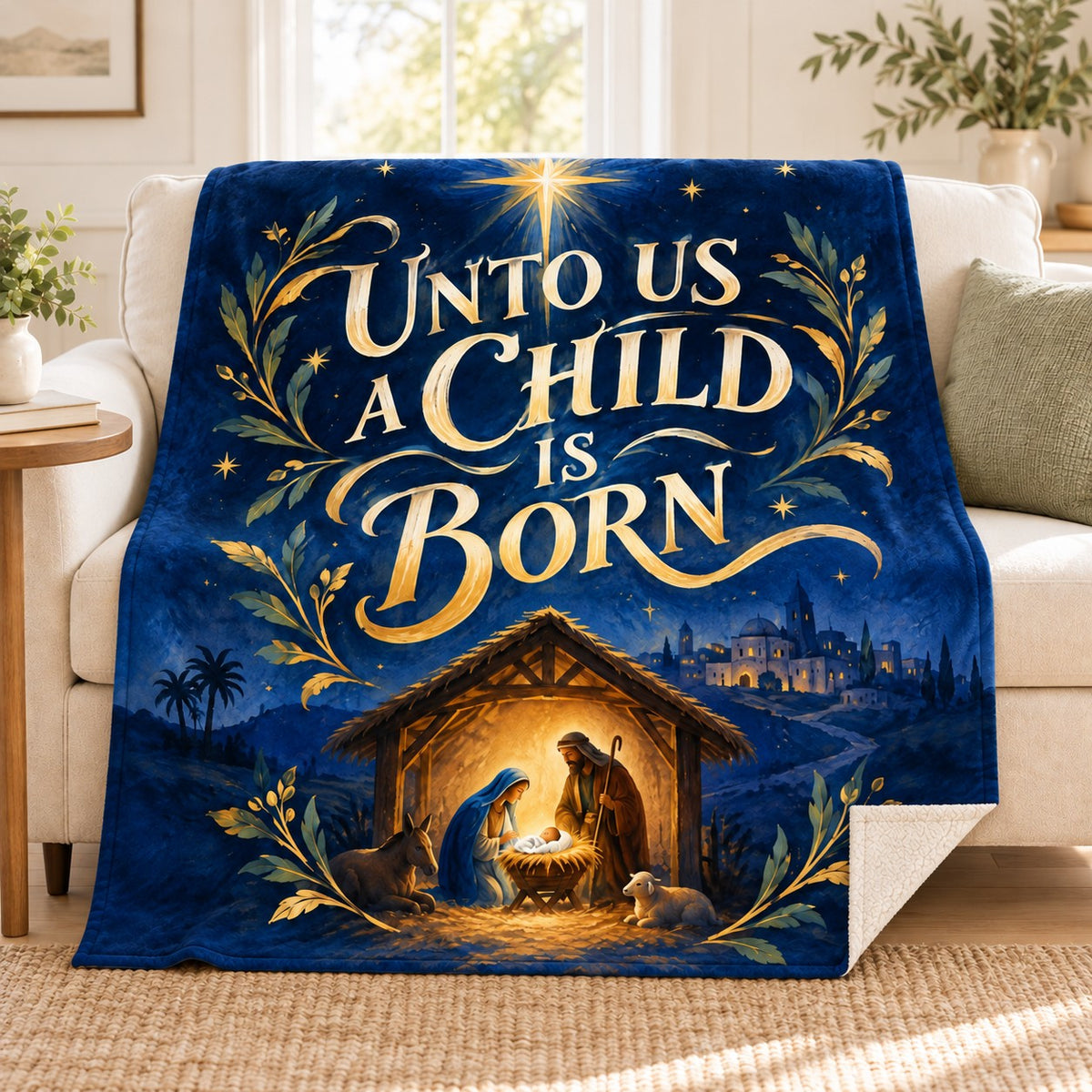 Unto Us a Child Is Born blanket, on a sofa