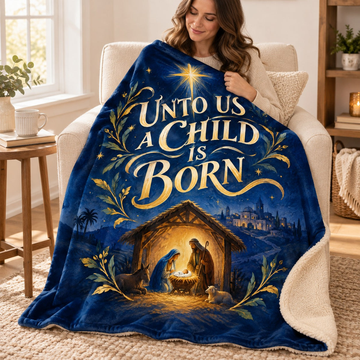 Unto Us a Child Is Born blanket, wrapped around a reader