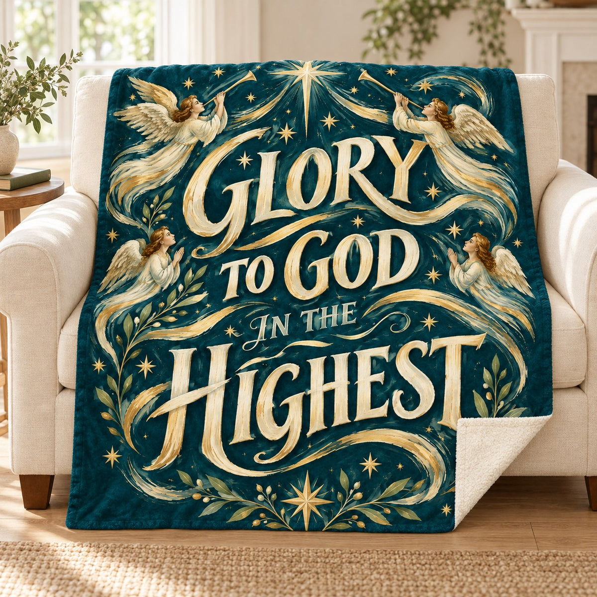 Glory to God in the Highest blanket, on a sofa