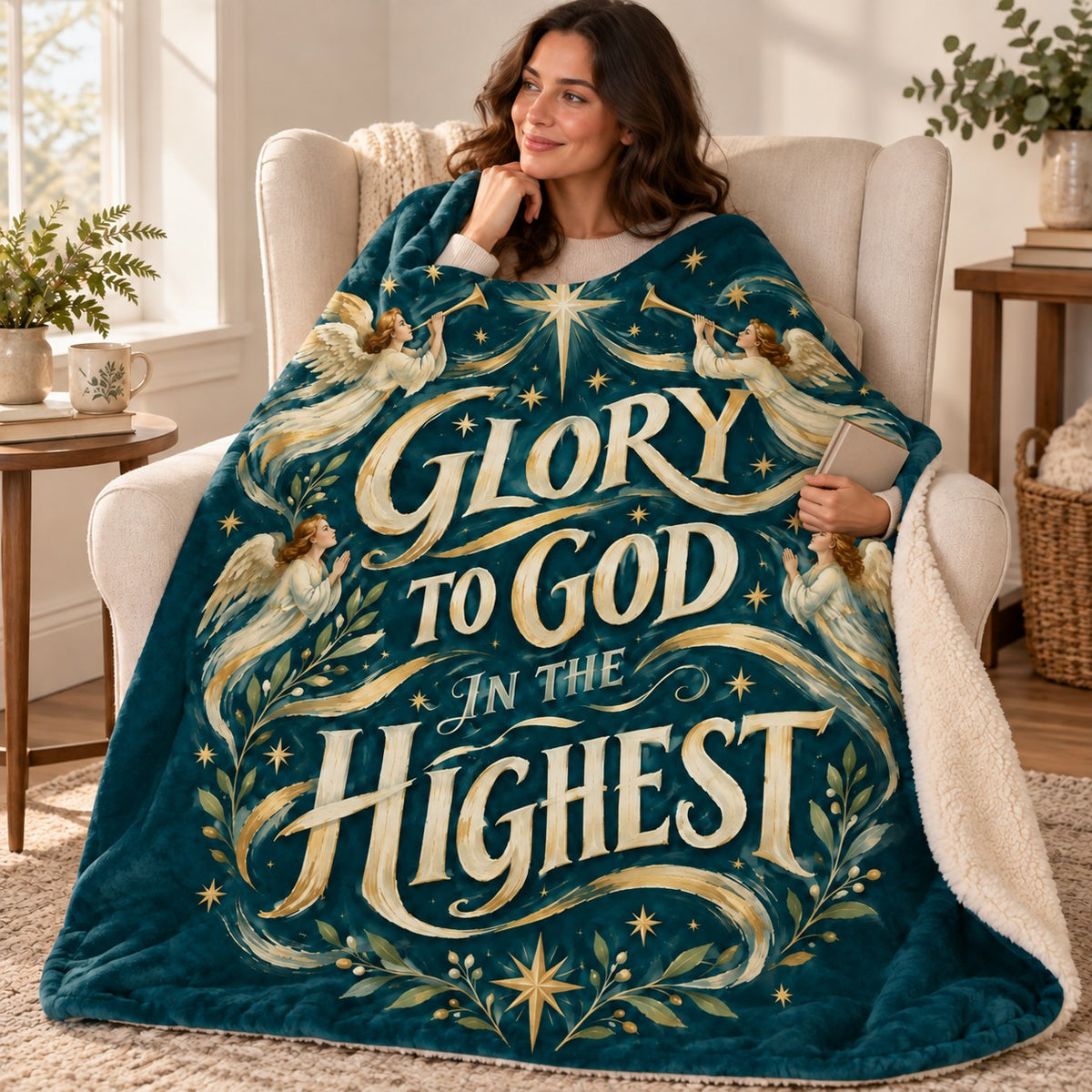 Glory to God in the Highest blanket, wrapped around a reader
