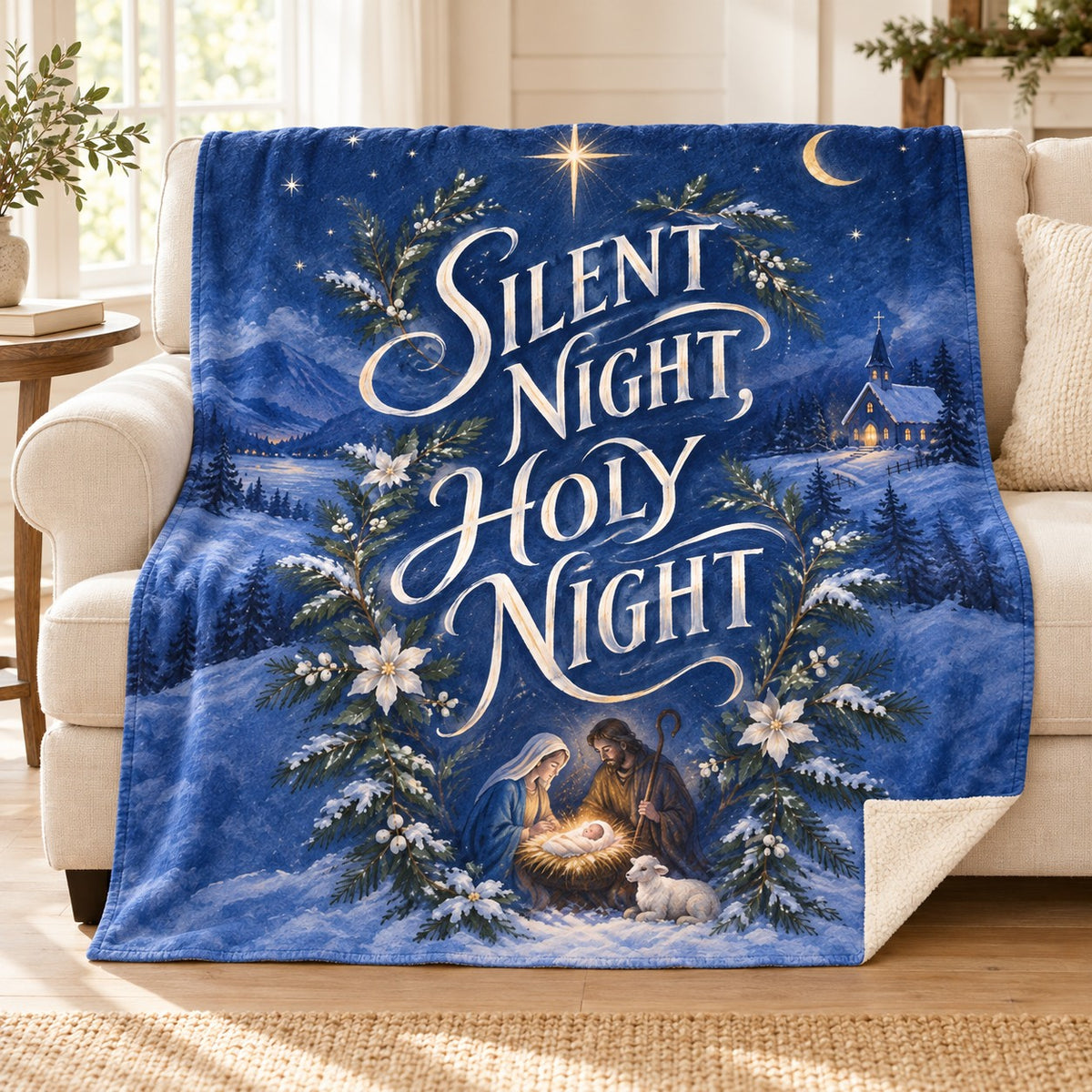 Silent Night, Holy Night blanket, on a sofa