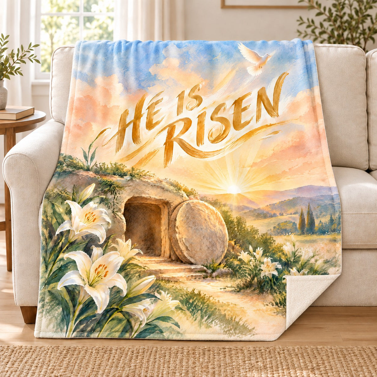He Is Risen blanket, on a sofa