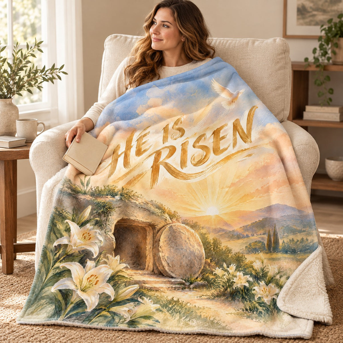 He Is Risen blanket, wrapped around a reader