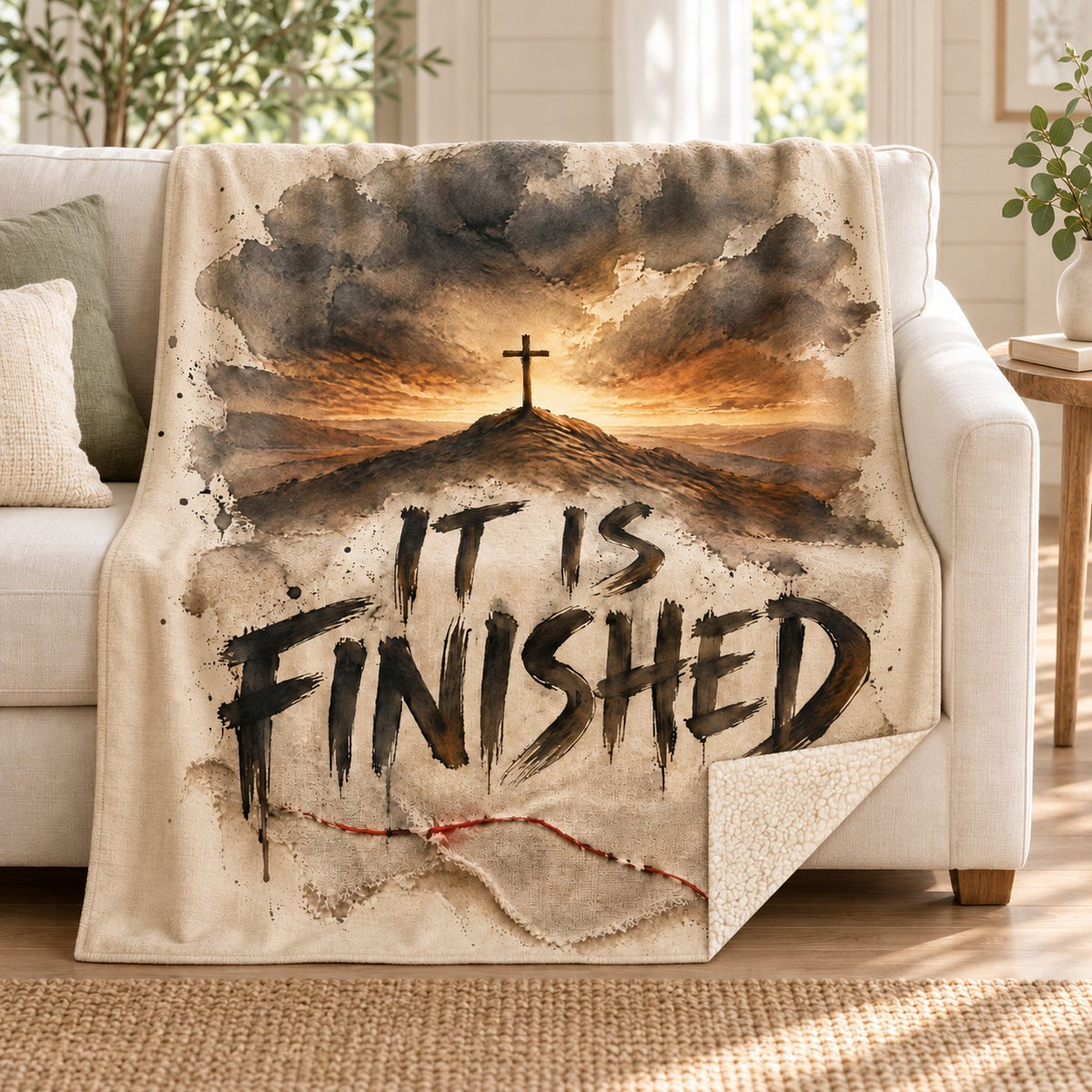 It Is Finished blanket, on a sofa