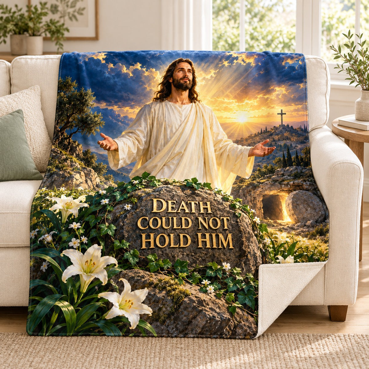 Death Could Not Hold Him blanket, on a sofa