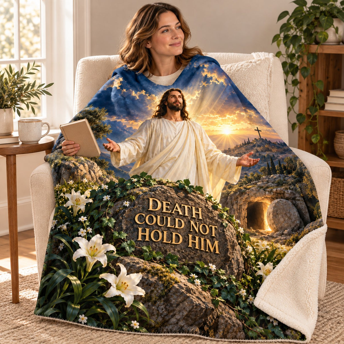 Death Could Not Hold Him blanket, wrapped around a reader