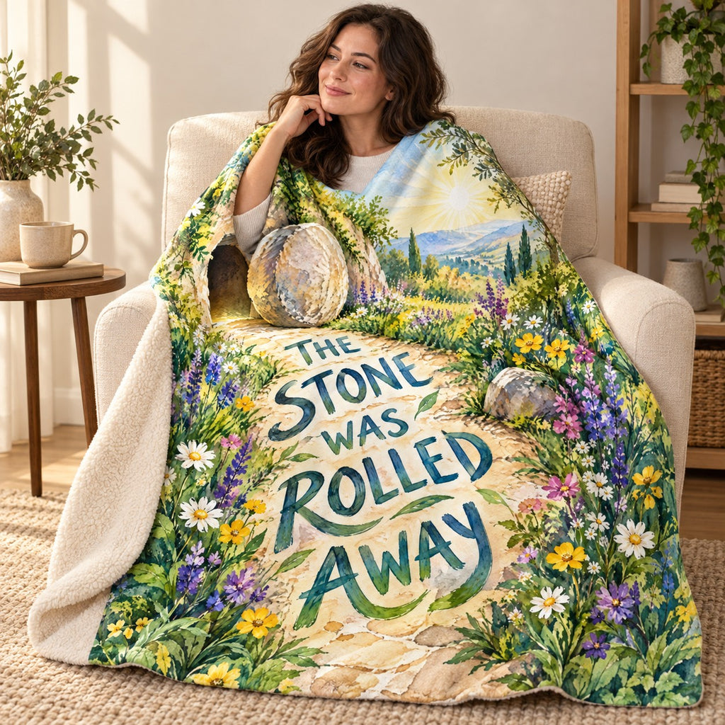 The Stone Was Rolled Away blanket, wrapped around a reader