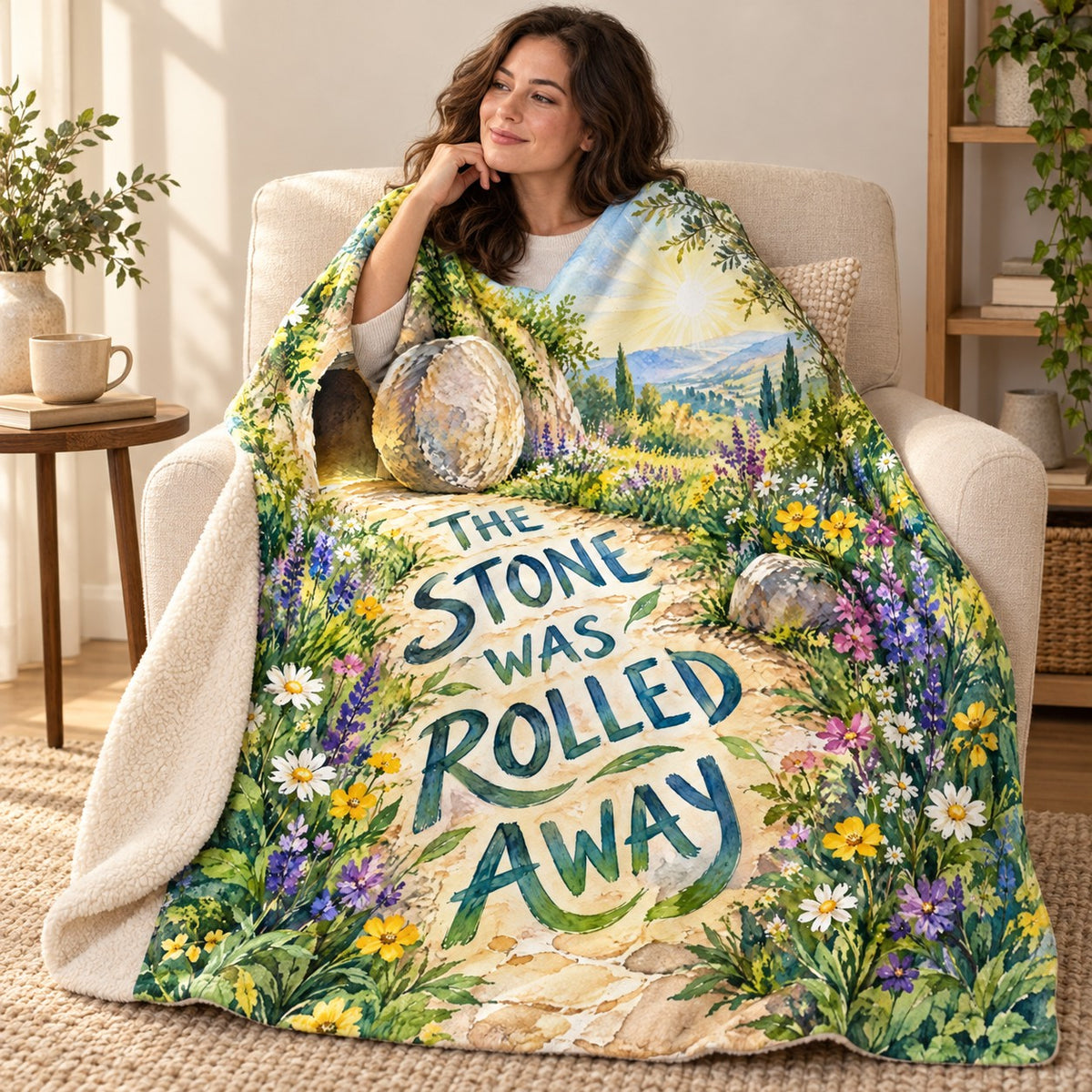 The Stone Was Rolled Away blanket, wrapped around a reader
