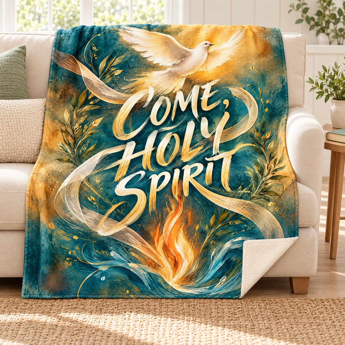 Come, Holy Spirit blanket, on a sofa