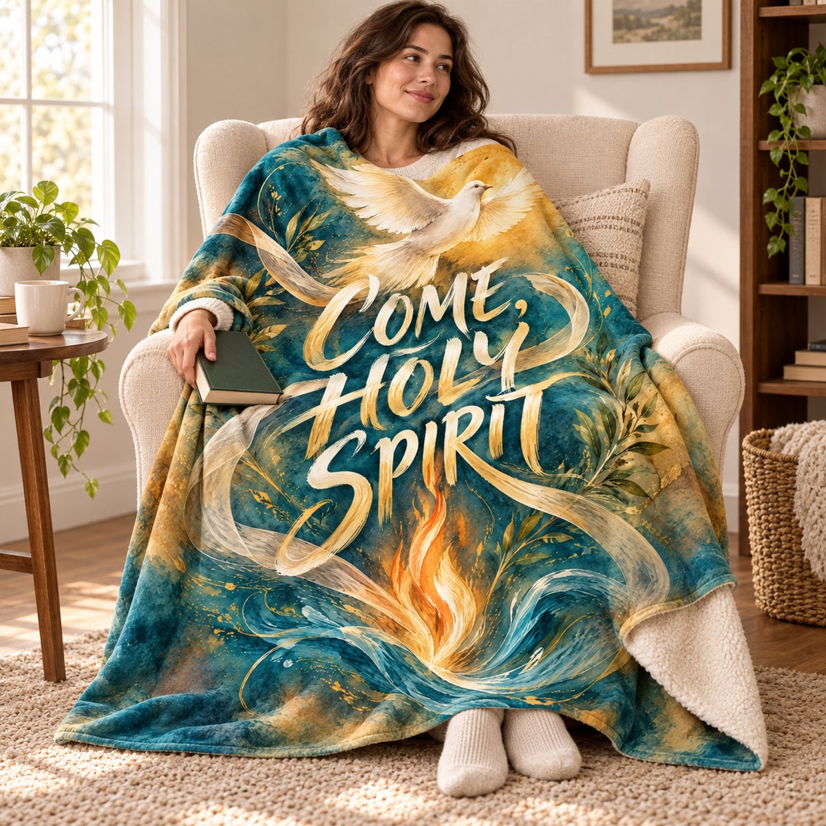 Come, Holy Spirit blanket, wrapped around a reader
